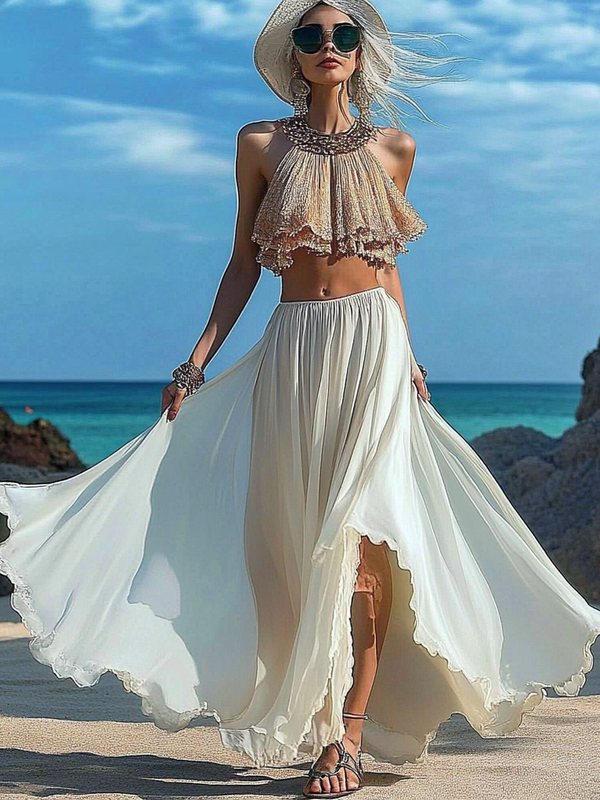Summer vacation fashion elegant contrast color top+skirt set 4189