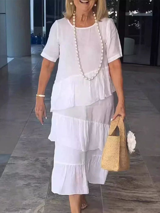 Women's Casual Solid Color Round Neck Short Sleeve Ruffle Dress