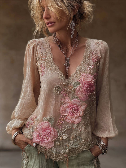 Boho Pink Floral Lace Embroidered V Neck Linen Tunic