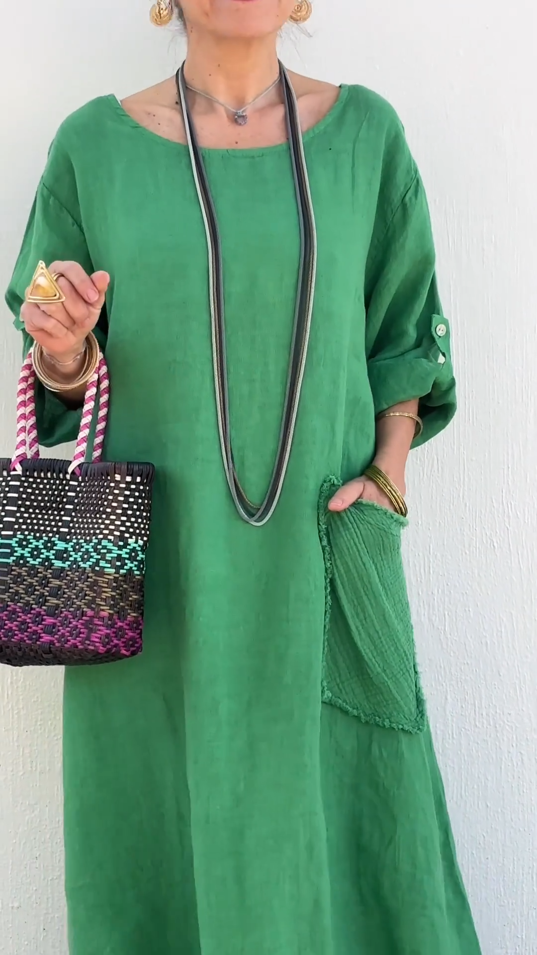 Oversized Linen Maxi Dress with Fringe Hem & Patch Pocket