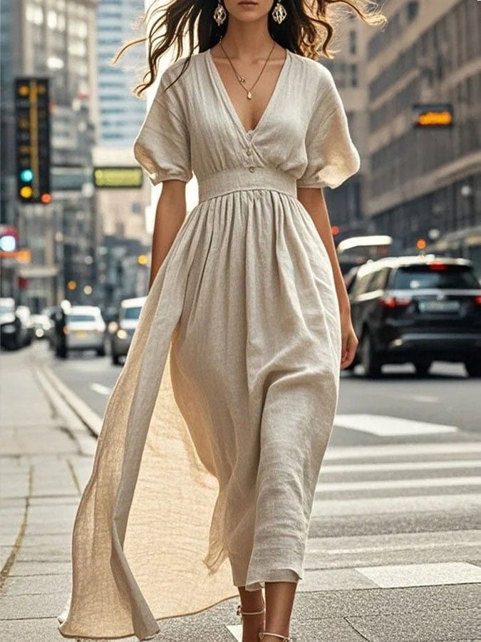 Women's Casual Solid Color V-Neck Cropped Short Sleeve Dress