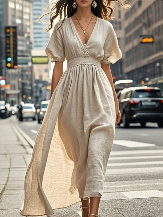 Women's Casual Solid Color V-Neck Cropped Short Sleeve Dress