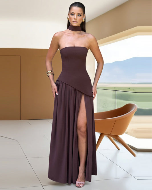 Elegant Vintage Sheath High Split Tea Solid/Black and White Colorblock Maxi Dress