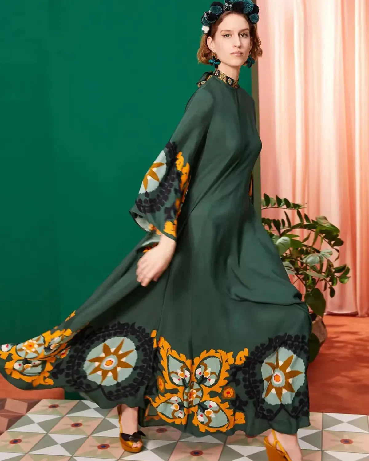 Casual Fashion Print Three-Quarter Sleeve Stand Collar Maxi Dress