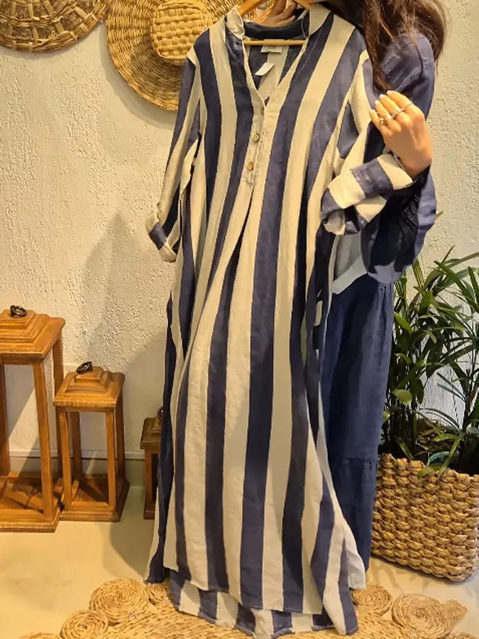 Women'S V-Neck  Striped Printed Cotton And Linen Dress
