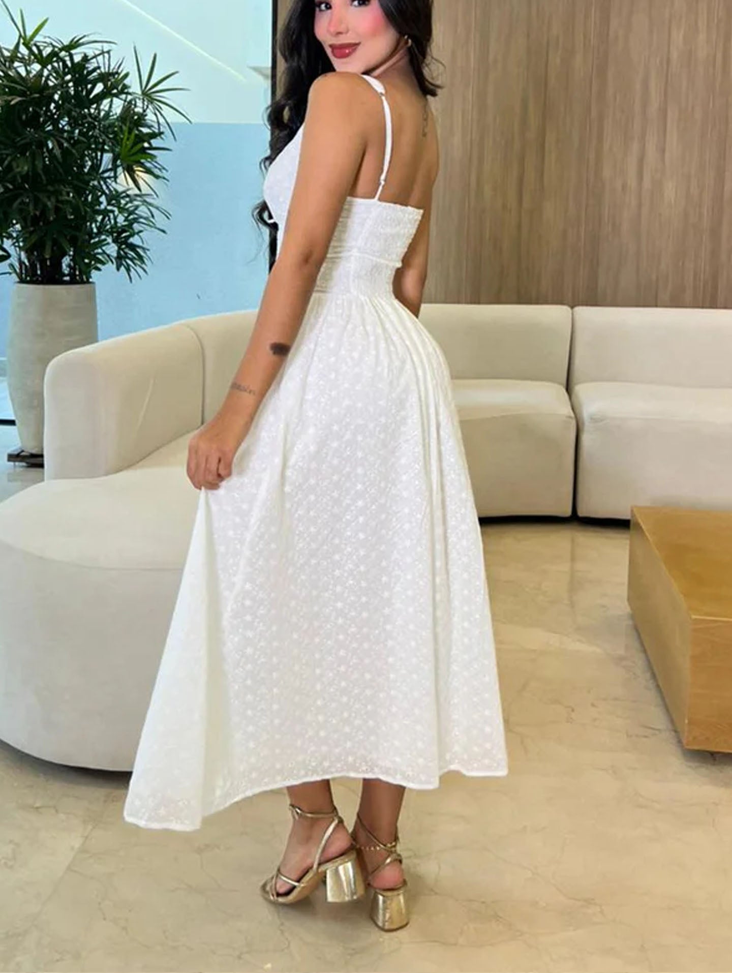 White Eyelet Corset Midi Dress with Lace Trim