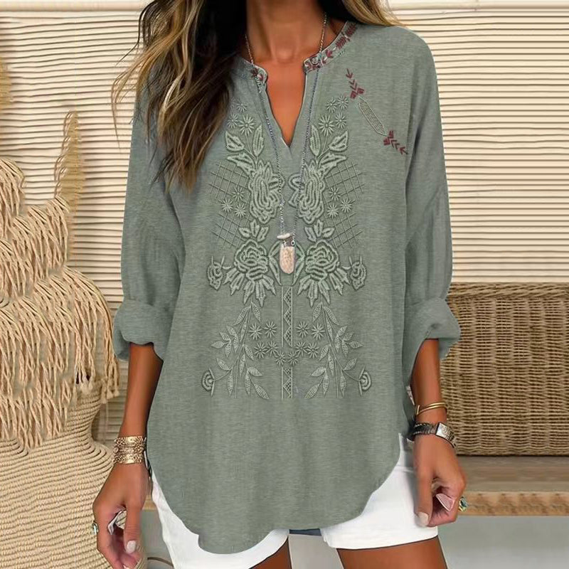Vintage Embroidered Floral V-neck Linen Blend Blouse