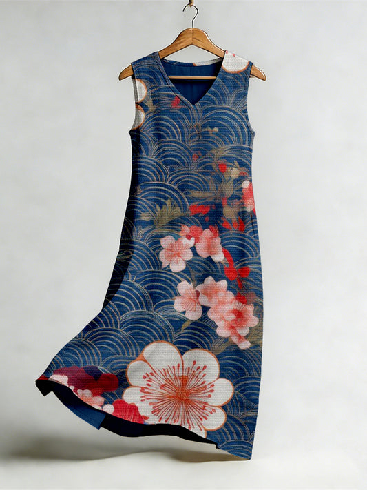 Japanese Floral Art V Neck Flowy Linen Midi Dress