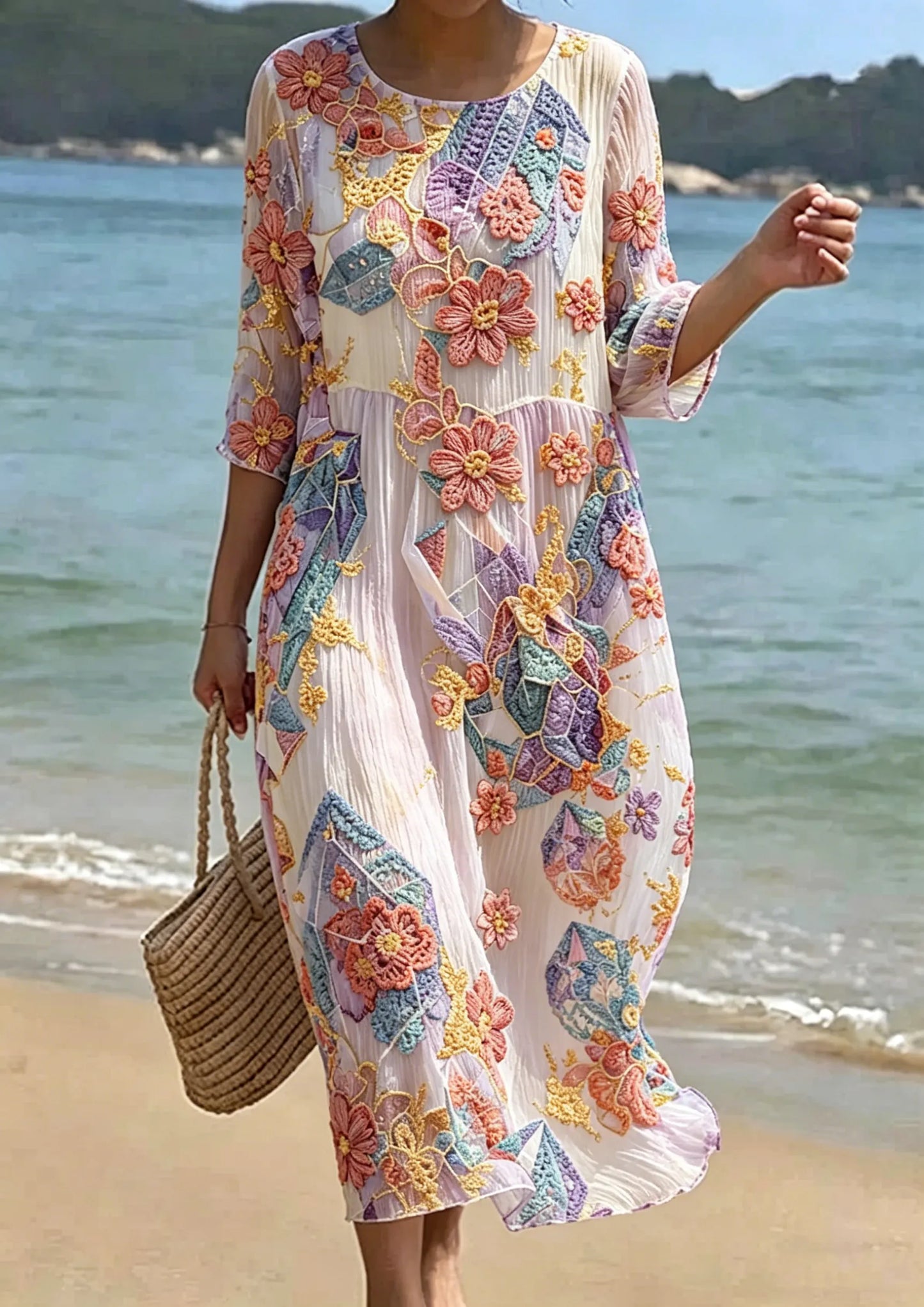 Women's Floral Embroidered Smocked Waist Midi Dress