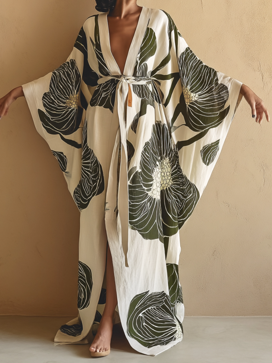 Women's Green Floral Kimono Linen Robe (Including Belt)