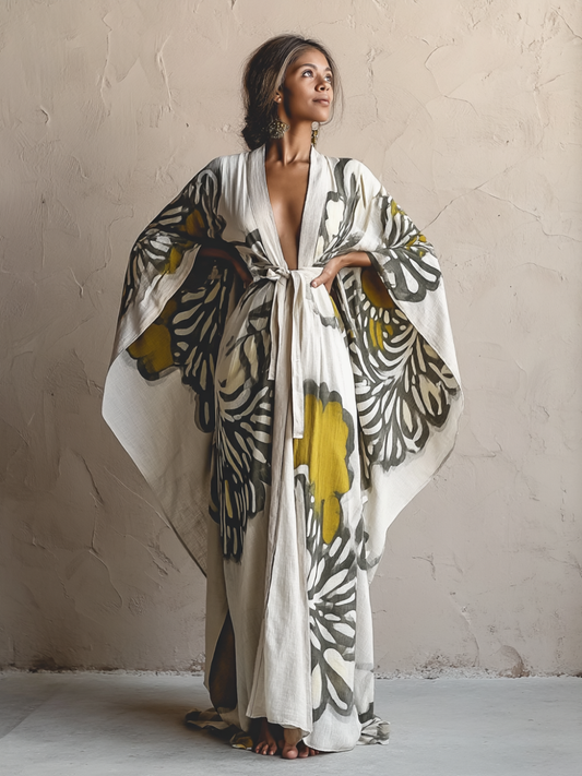 Women's Yellow Floral Kimono Linen Robe (Including Belt)