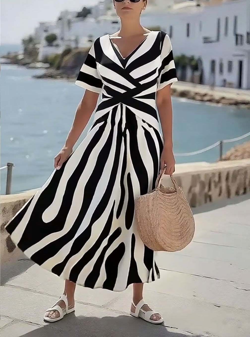 Women's Contrast Stripe Holiday Print Dress