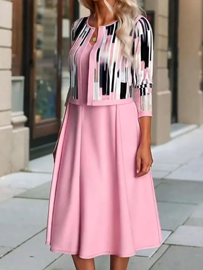 Women's Casual V-Neck Vest Dress Plus Striped Cardigan Set