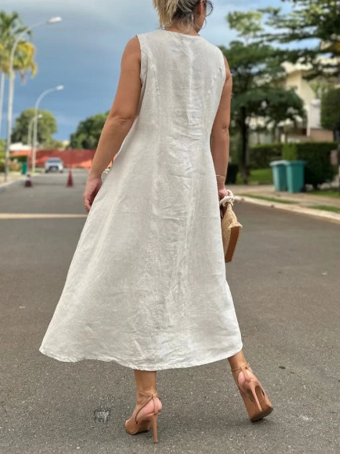 Women's Casual Solid Color Round Neck Sleeveless Button Cotton and Linen Dress