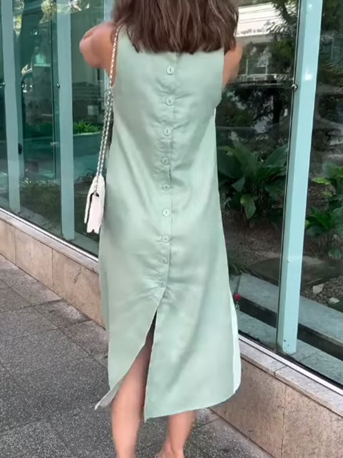 Women'S Casual Contrast Color Round Neck Sleeveless Cotton And Linen Dress