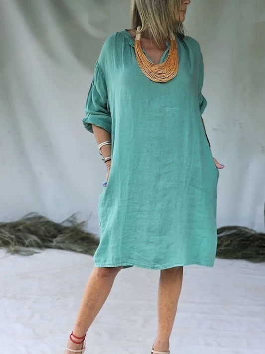 Women's Casual Solid Color V-neck Three-quarter Sleeve Cotton and Linen Dress