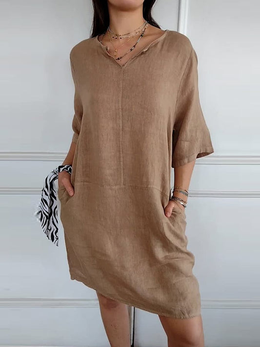 Women'S Casual Half-Sleeved Cotton And Linen Dress
