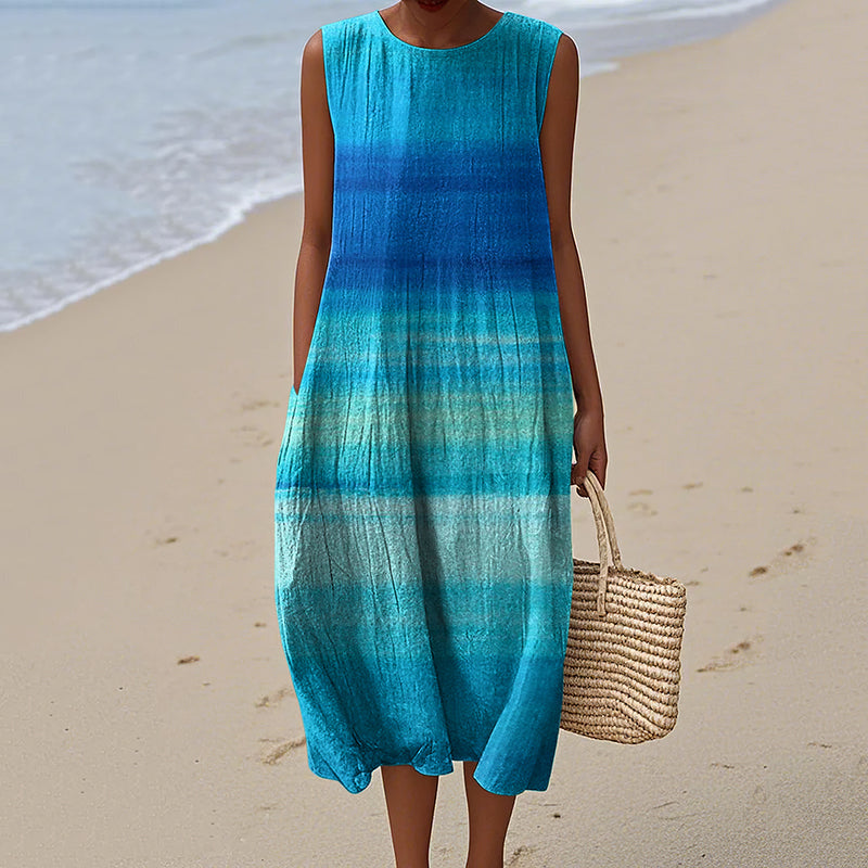 Women's Vintage Blue Gradient Art Print Casual Crew Neck Dress