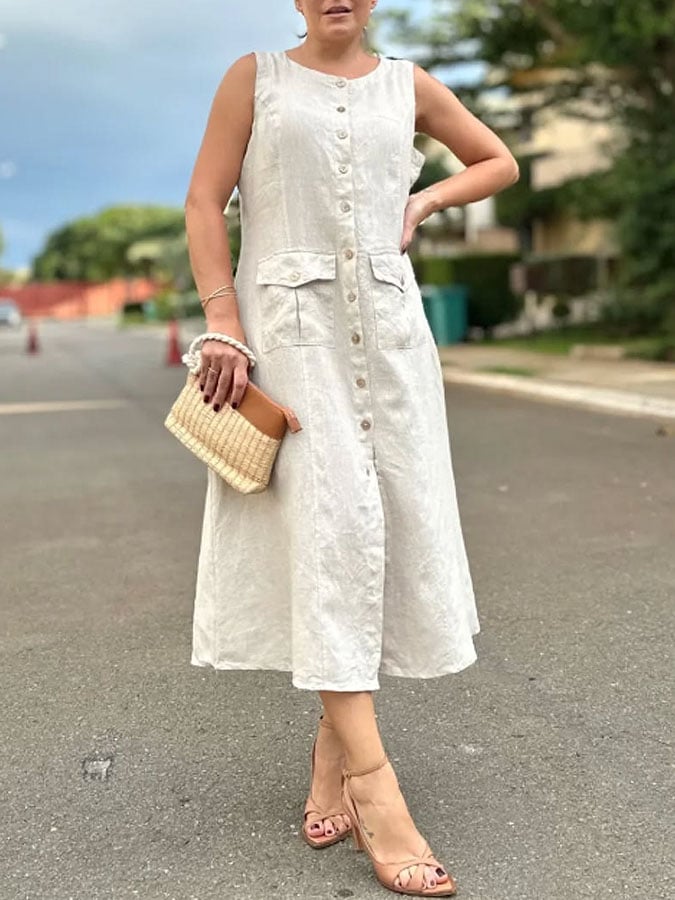 Women's Casual Solid Color Round Neck Sleeveless Button Cotton and Linen Dress
