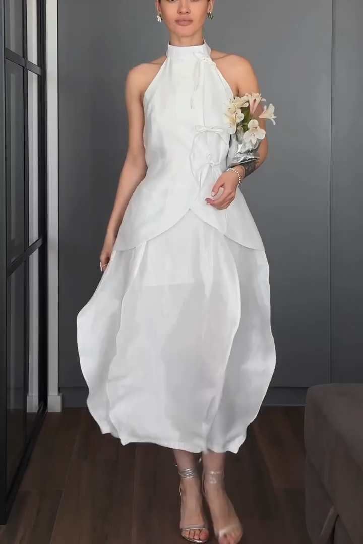 White Halter Neck Tie-Front Two-Piece Midi Set