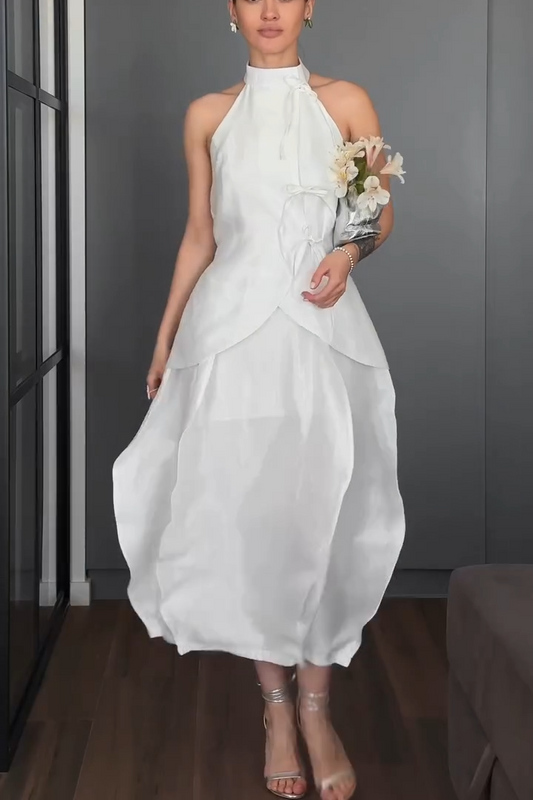 White Halter Neck Tie-Front Two-Piece Midi Set