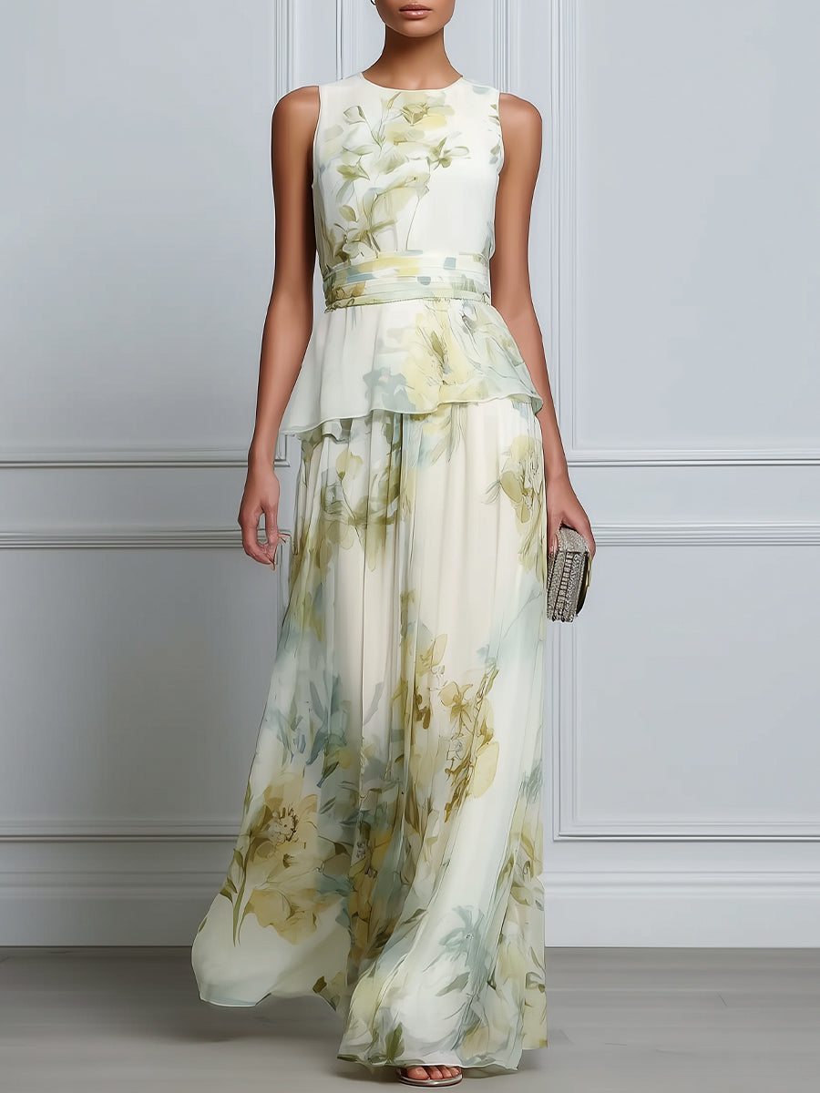 Layered Floral Sleeveless Waist Flowing Maxi Dress