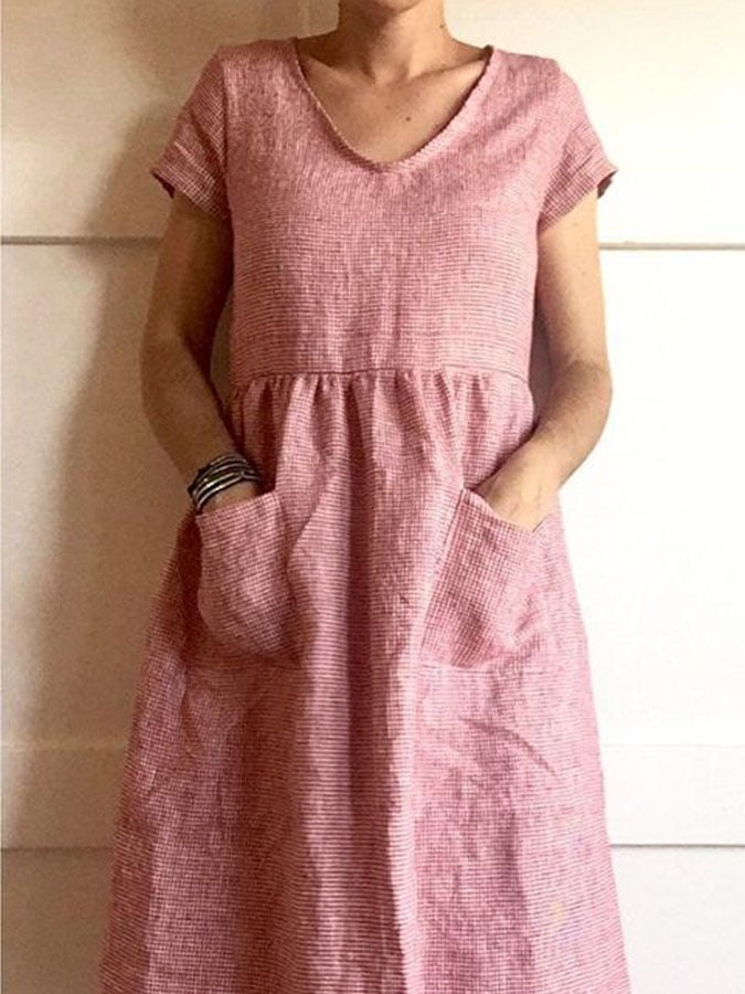 Women's Casual V-Neck Short Sleeve Striped Print Pocket Dress