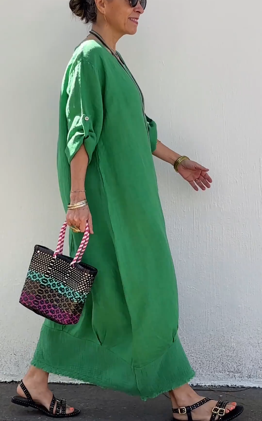 Oversized Linen Maxi Dress with Fringe Hem & Patch Pocket