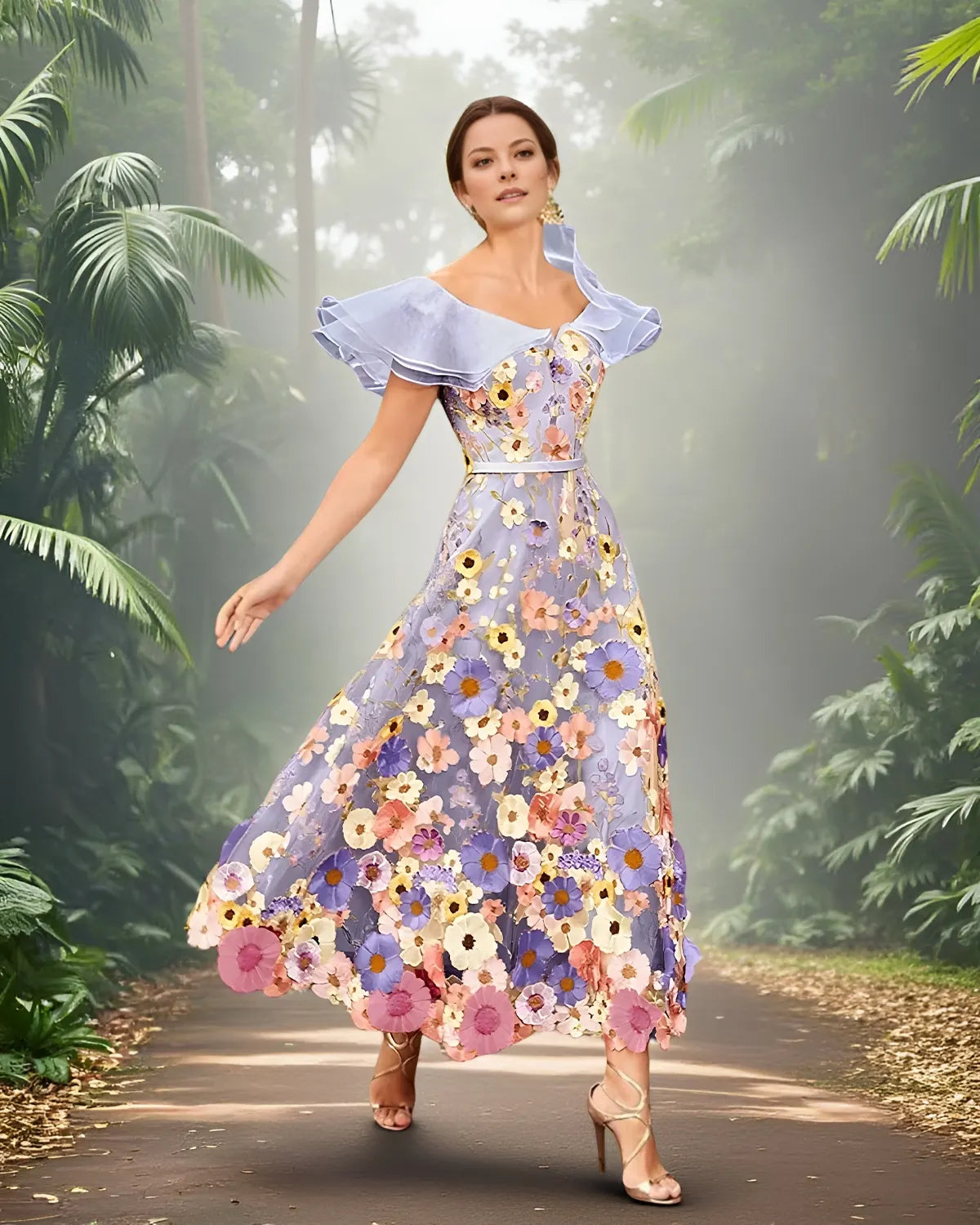 A-Line Sleeveless V-Neck Lace Ruffle Three-Dimensional Applique Dress