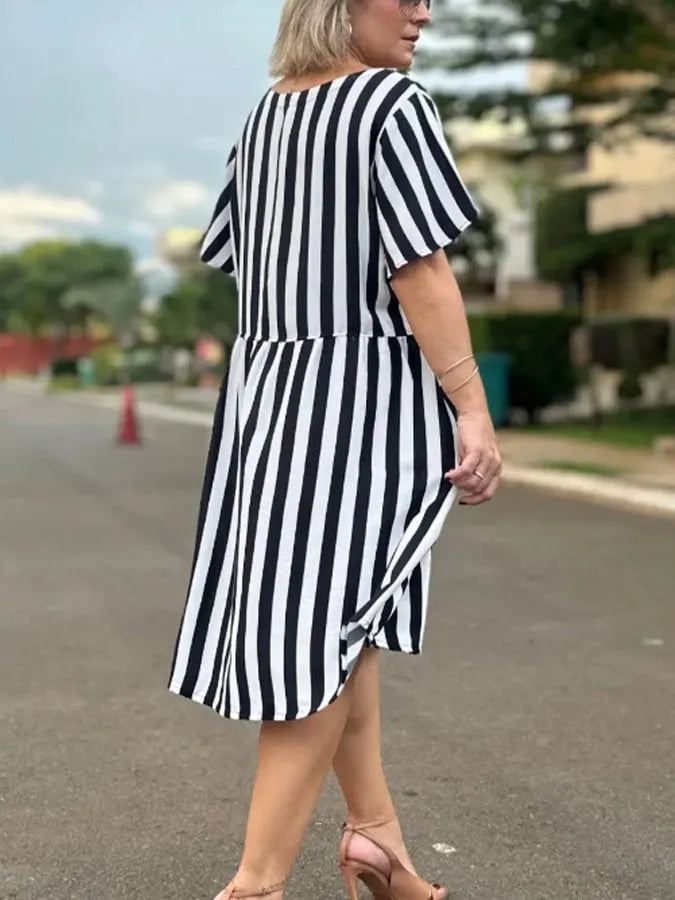 Women's Casual V-Neck Short Sleeve Striped Print Contrast Dress
