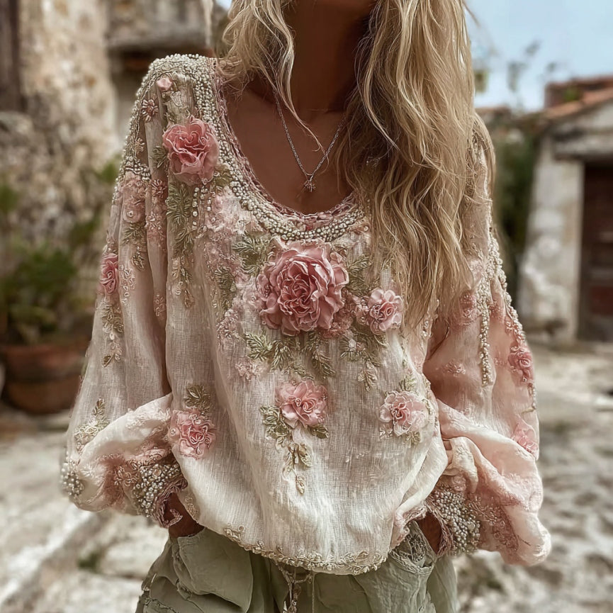 Women's Vintage Pink Roses Embroidery Art Print Round Neck Long Sleeve T-shirt