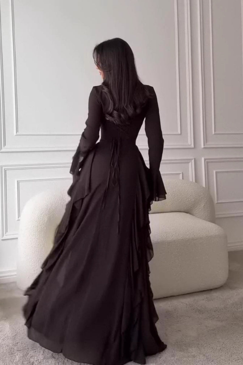 Elegant Crew Neck Long-Sleeve Maxi Dress with Ruffled Details & Flared Bell Sleeves