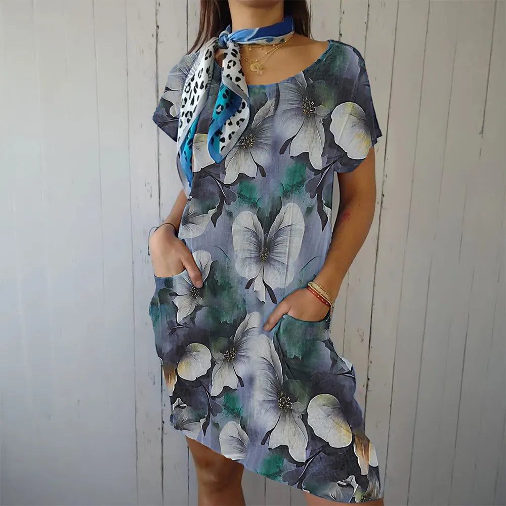 Women's Ink Painting Flower Patterns Cotton and Linen Round Neck Dress