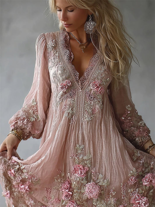 Boho Pink Roses Embroidered Lace Trim Flowy Linen Maxi Dress