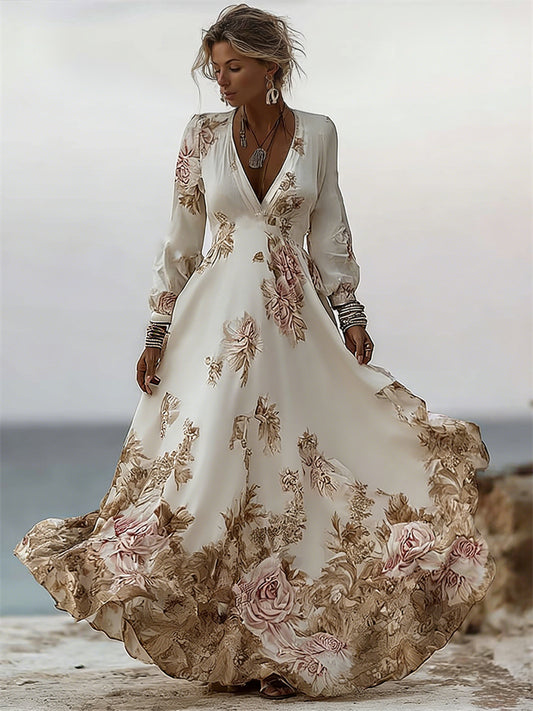 Classy Vintage Roses Print V Neck Flowy Maxi Linen Dress