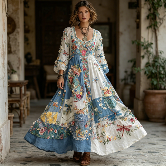 Women's Patchwork Dragonfly & Floral Embroidered Boho Maxi Dress