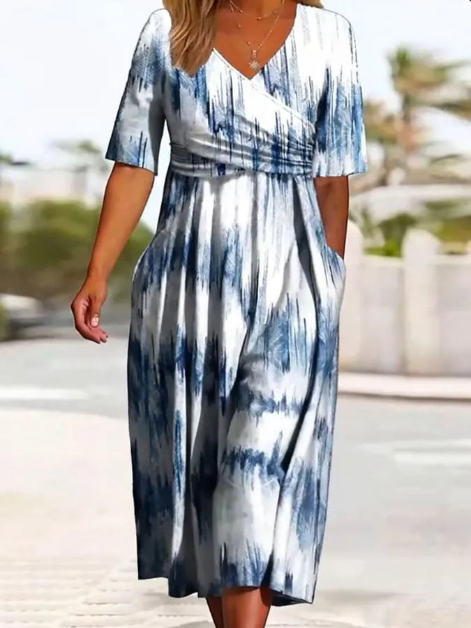 Women's Casual V-Neck Three-Quarter Sleeve Gradient Print Dress