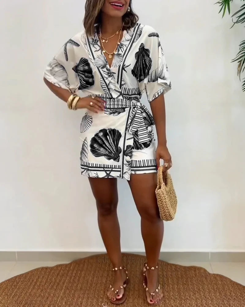 Starfish & Seashell Print Overlap V Neck Half Sleeve Wrap Knot Side Romper Casual Stretchy Back Waist Vacation Romper