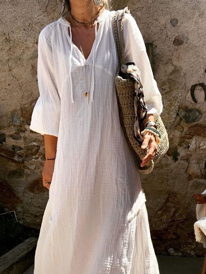 Women's Casual Solid Color V-Neck Three-quarter Sleeve Dress