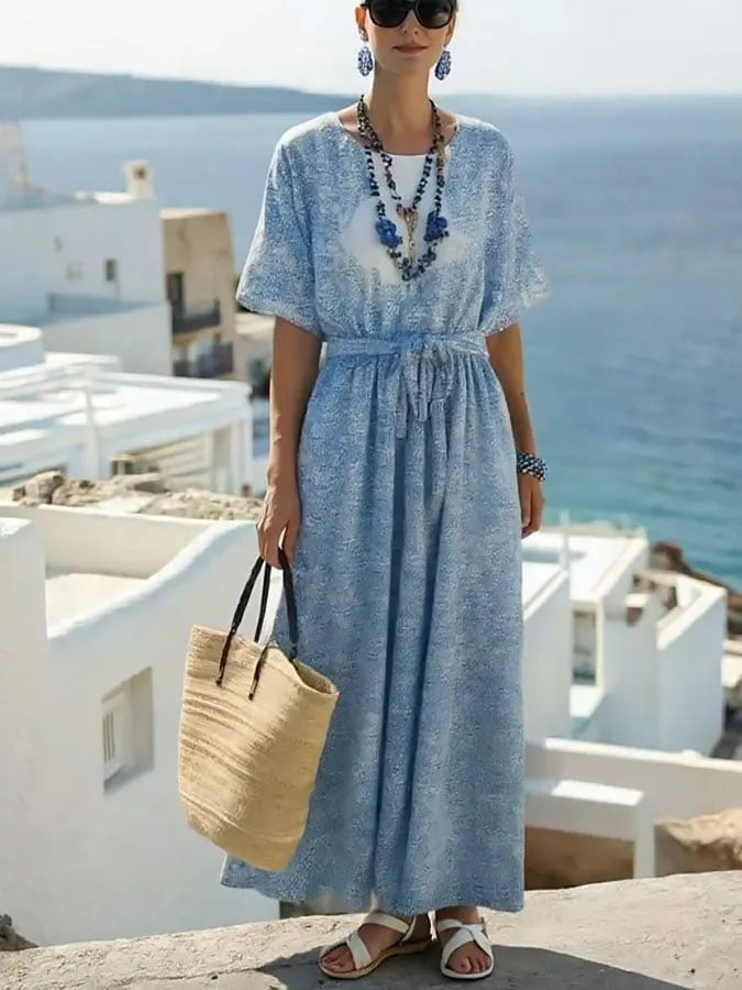 Women's Holiday Gradient Floral Round Neck Mid Sleeve Cotton and Linen Dress