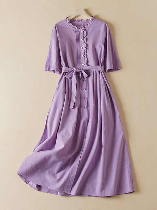 Vintage Cotton Linen Mid Sleeve Waist Slim Dress