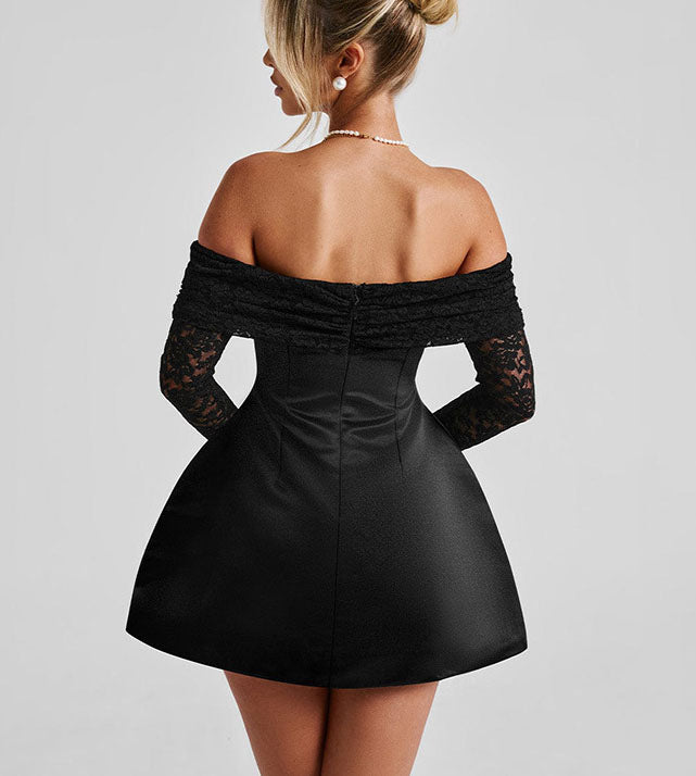Off-Shoulder Lace Sleeve Satin Homecoming Dress
