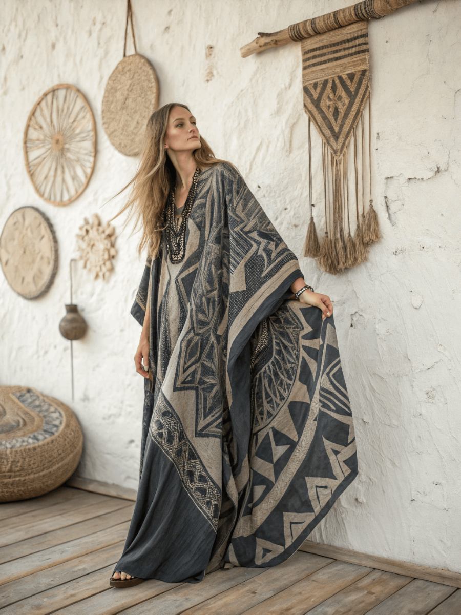 Linen Printed Kaftan Maxi Dress