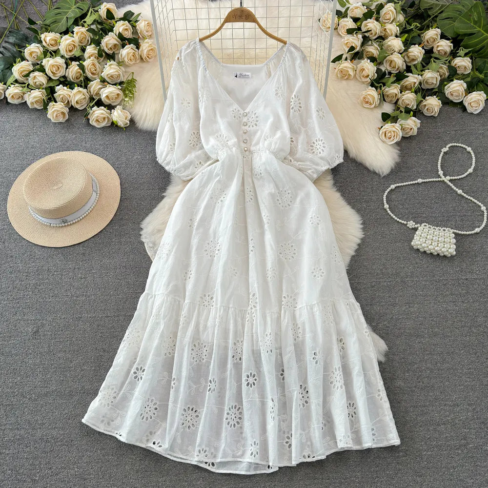 Short-Sleeved V-Neck Waist Slim A-Line Hollow Embroidered Dress