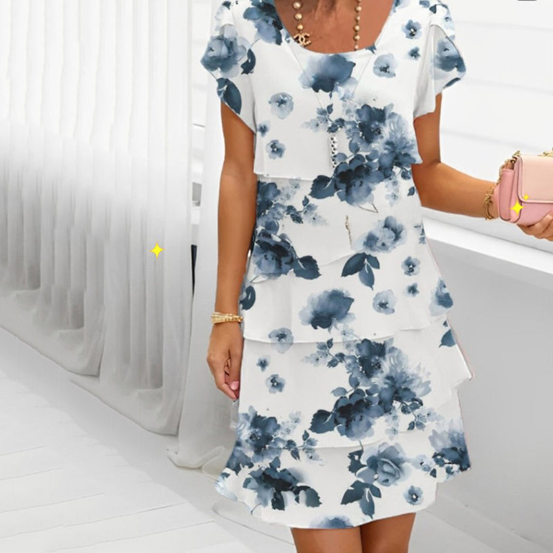 Flower Print Short Sleeve Multi Layered Midi Dress