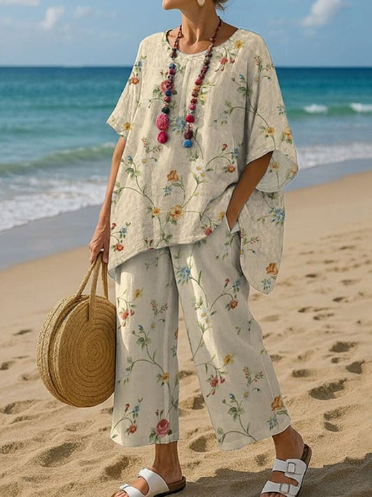 Women's Vintage Flower Print T-shirt And Pants Two Piece Set