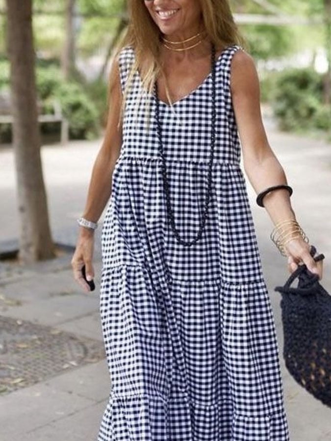 Women's Casual V-Neck Sleeveless Plaid Print Contrast Color Dress