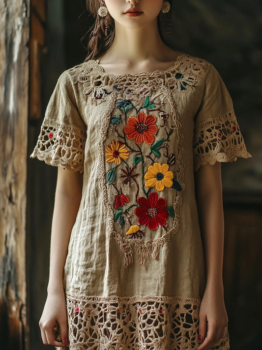 Vintage Lace Floral Embroidery Women's Linen Dress