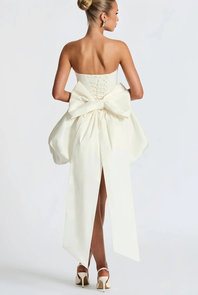 Bow-Back Bustier Bubble Mini Dress – Statement Volume, Sculpted Elegance