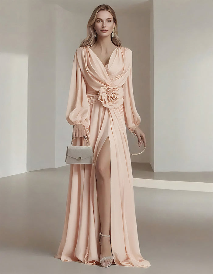 Flower Pleated Chiffon Wedding Dress Long Buff Sleeve Flowy V-neck Maxi Dress